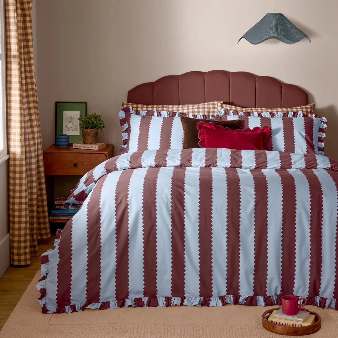 Wylder (Riva Home) Duvet Cover set Single / Blue/Chocolate BIRDIE STRIPE RUFFLE DUVET COVER SET by Wylder