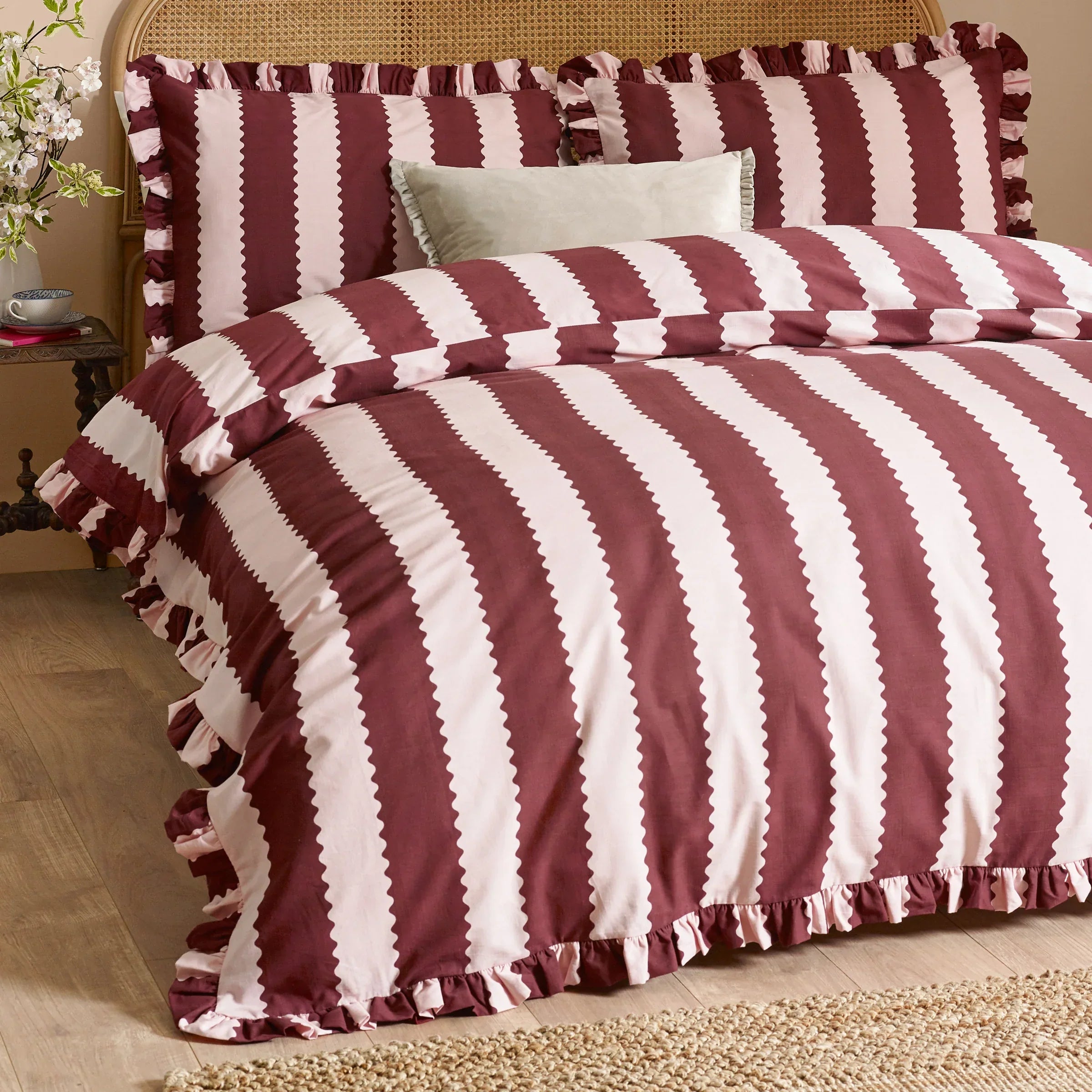 Wylder (Riva Home) Duvet Cover set Single / Burgundy/Blossom BIRDIE STRIPE RUFFLE DUVET COVER SET by Wylder