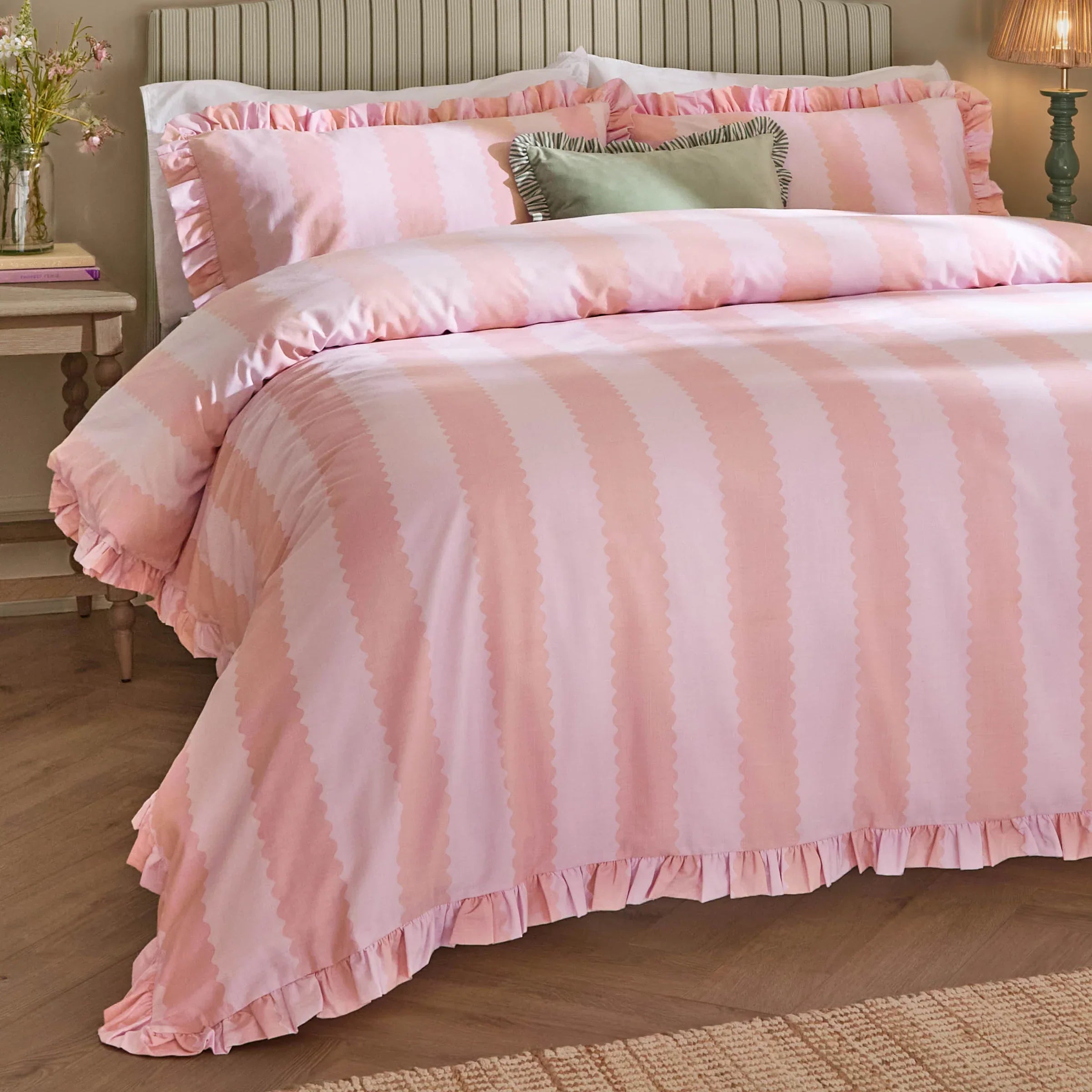 Wylder (Riva Home) Duvet Cover set Single / Pink/Raspberry BIRDIE STRIPE RUFFLE DUVET COVER SET by Wylder