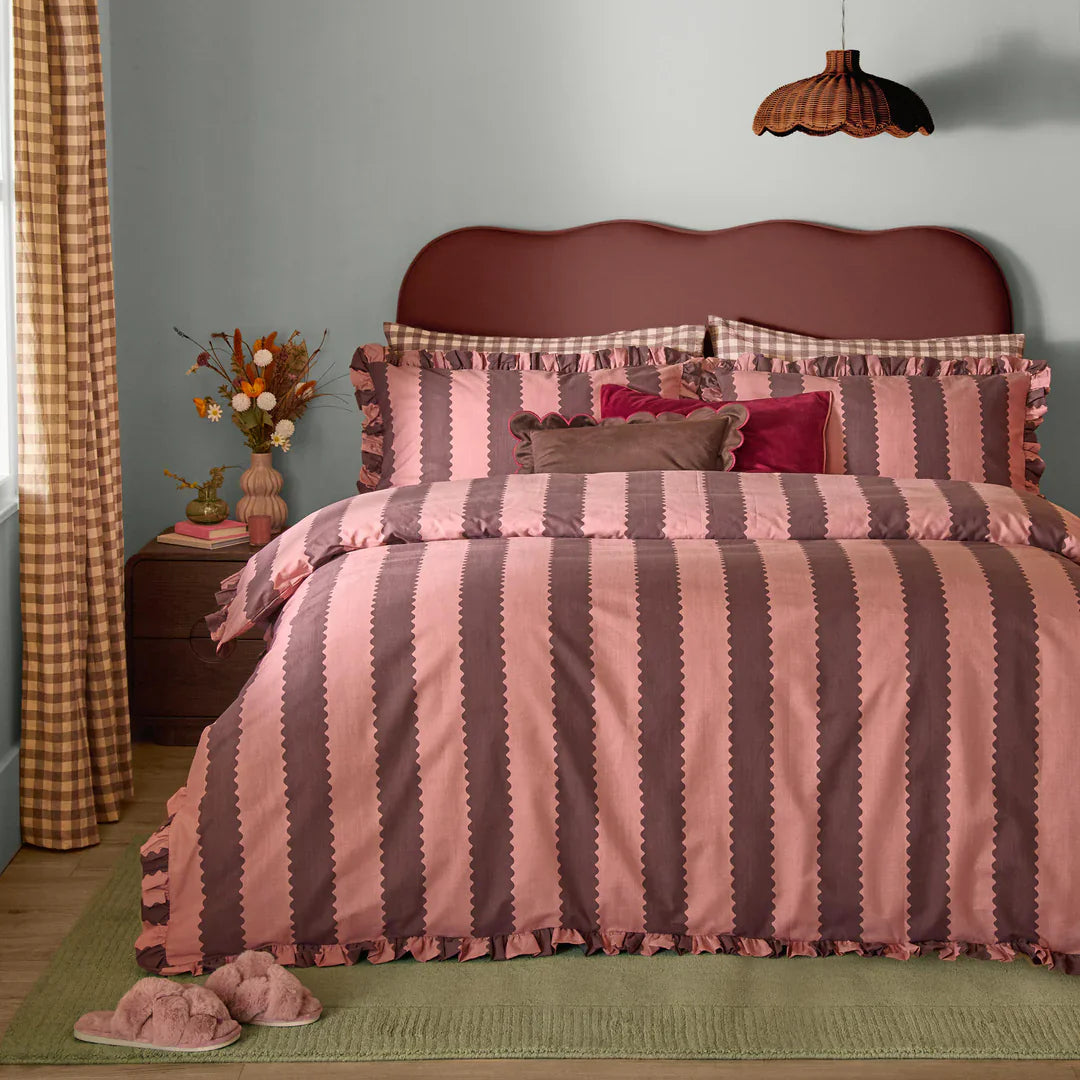 Wylder (Riva Home) Duvet Cover set Single / Rose/Chocolate BIRDIE STRIPE RUFFLE DUVET COVER SET by Wylder