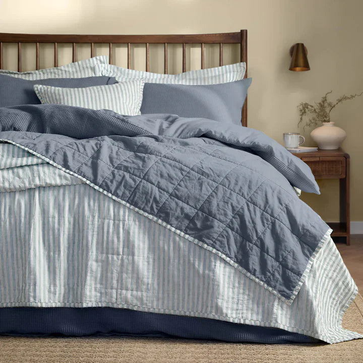 Yard (Riva Home) Bedspread/Throw 150cm x 200cm / Mineral/Denim HEBDEN QUILTED STRIPE COTTON BEDSPREAD by Yard