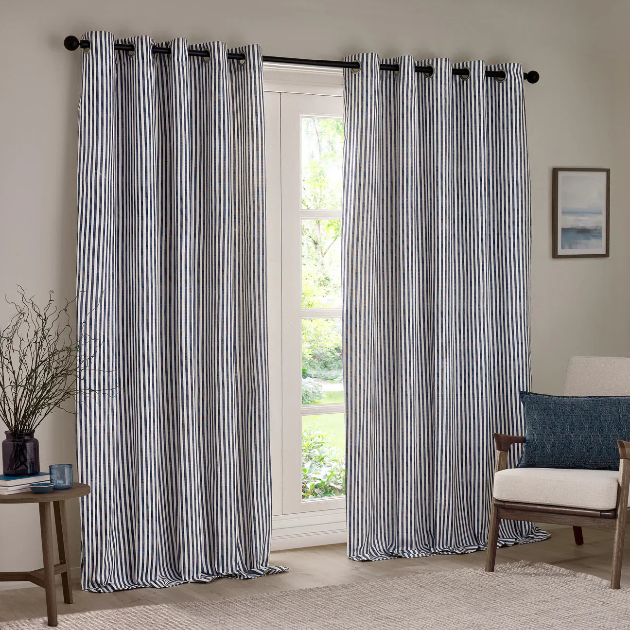 Yard (Riva Home) Curtains HEBDEN STRIPED 100% COTTON LINED CURTAINS NAVY by Yard