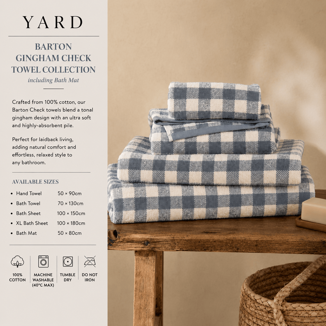 Yard (Riva Home) Home Accessories Denim / Hand Towel • 50 × 90cm BARTON GINGHAM CHECK 100% COTTON TOWEL COLLECTION by Yard