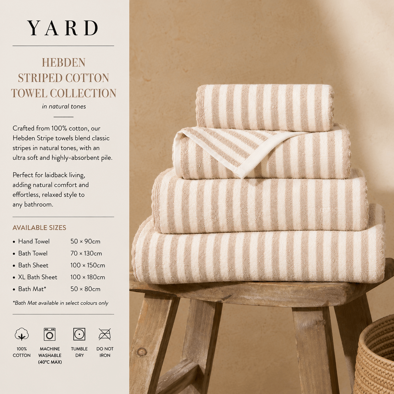 Yard (Riva Home) Home Accessories Natural / Hand Towel • 50 × 90cm HEBDEN STRIPED COTTON TOWELS COLLECTION by Yard