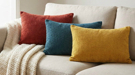 Yard (Riva Home) Yard Cushion 🧵 Osaka Chenille Cushion – Burnt Red / Petrol / Saffron by Yard