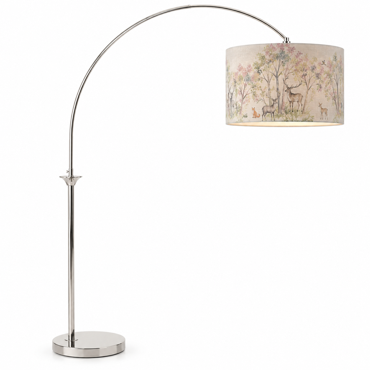 HUBERT NICKEL ARC FLOOR LAMP WITH 50CM ENCHANTED FOREST EVA SHADE – FOREST  | Fifty Five South & Voyage Maison