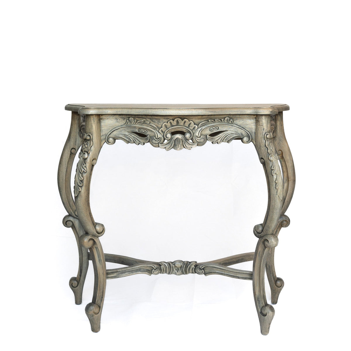 An ornate console table with a distressed silver-gray finish, featuring carved details and curved cabriole-style legs, shown against a plain white background.