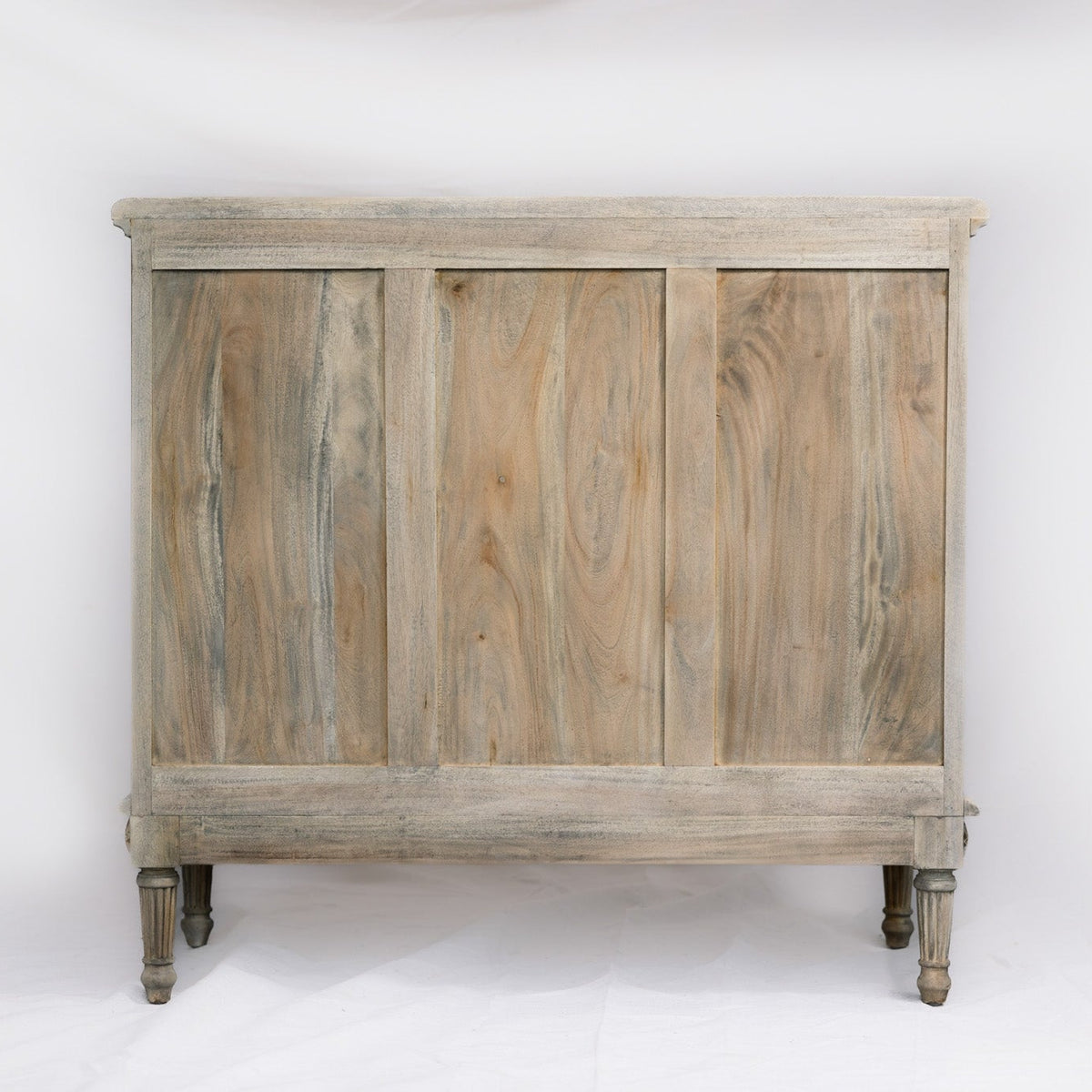 A rustic three-panel wooden cabinet with a weathered gray and brown finish, standing on turned legs against a white studio background.