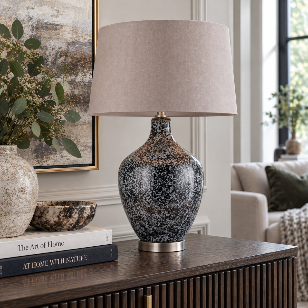 ILSA TABLE LAMP – GREY BLACK SPECKLED GLASS & MINK SHADE Curated by simply Hazel