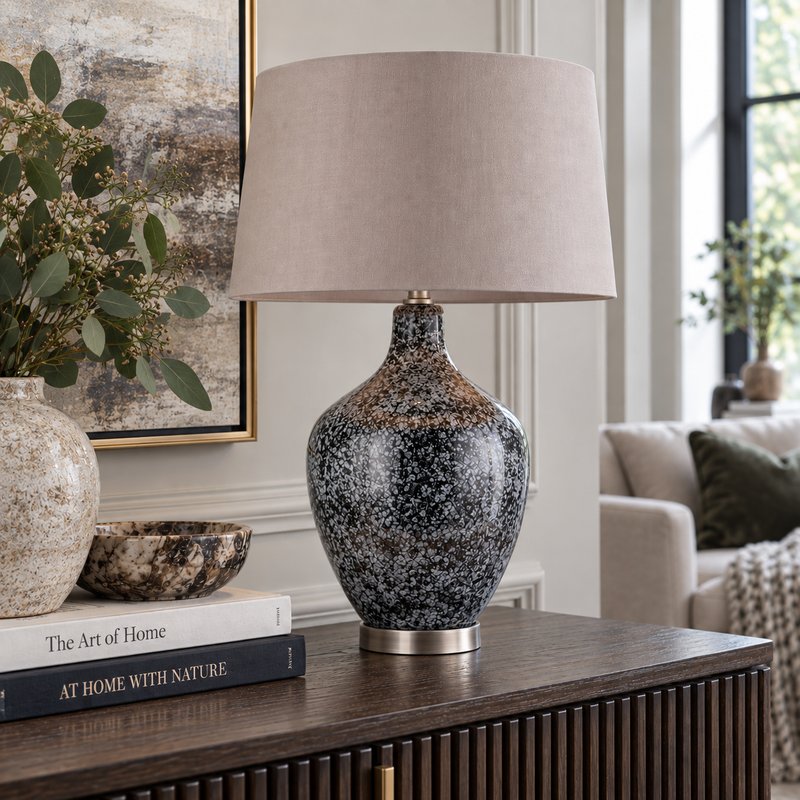 ILSA TABLE LAMP – GREY BLACK SPECKLED GLASS & MINK SHADE Curated by simply Hazel