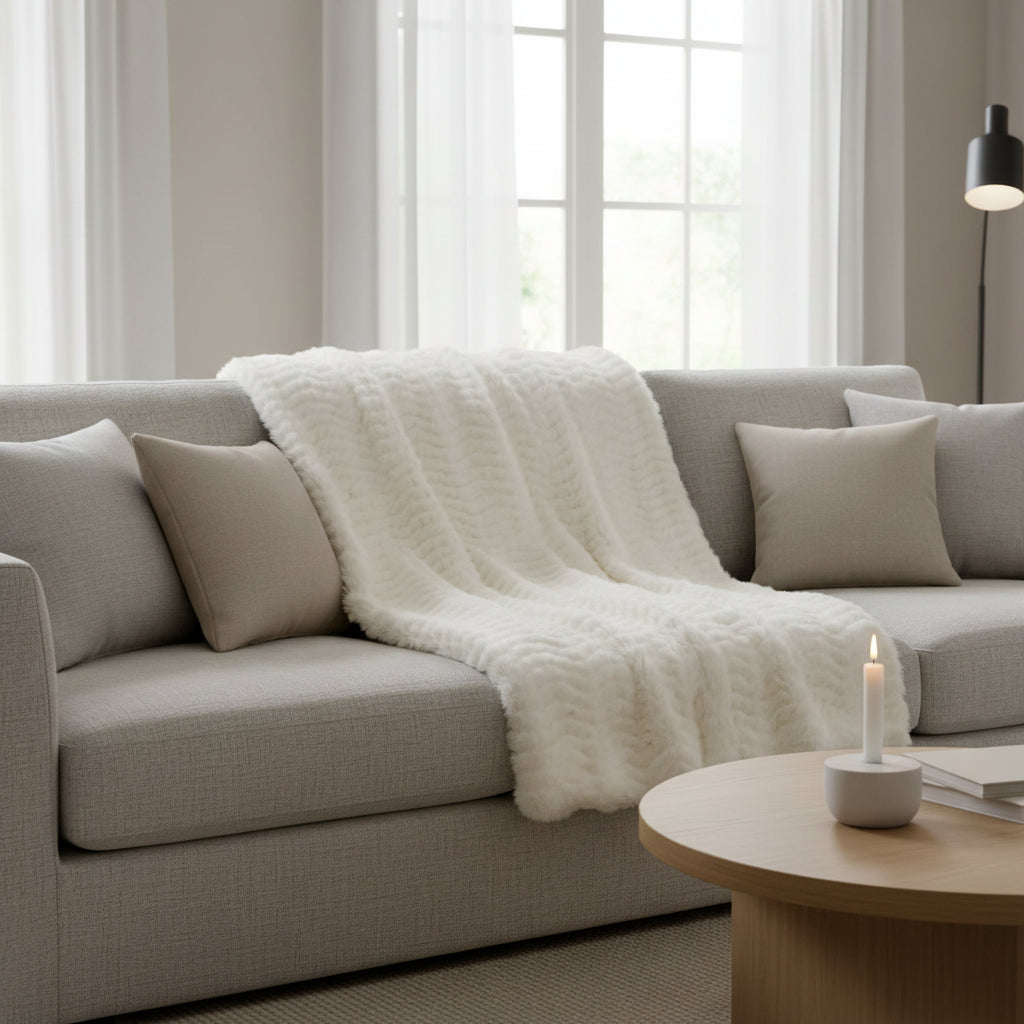 A square off-white faux fur rug with a textured, wavy chevron pattern and scalloped edges, shown against a plain white background.