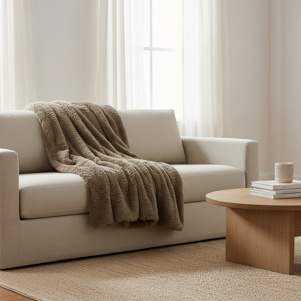 A square throw blanket in a taupe-brown color, featuring a plush, textured faux fur side and a smooth solid fabric side, shown folded on a white background.