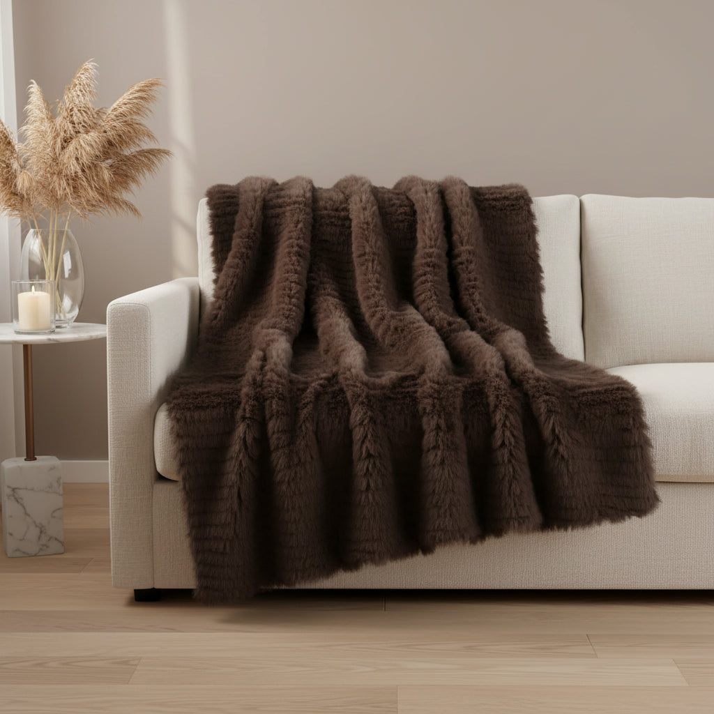 A square dark brown faux fur rug with a wavy, textured pattern, shown flat against a solid white background.
