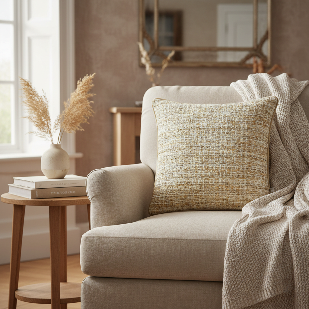 A square throw pillow with a textured, woven bouclé fabric in a beige and cream pattern, featuring a thin beige piping border and a small gray brand tag on the bottom right.