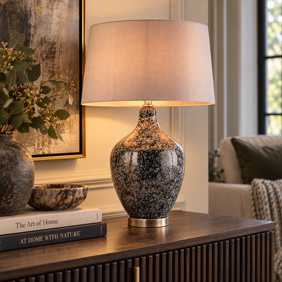ILSA TABLE LAMP – GREY BLACK SPECKLED GLASS & MINK SHADE Curated by simply Hazel