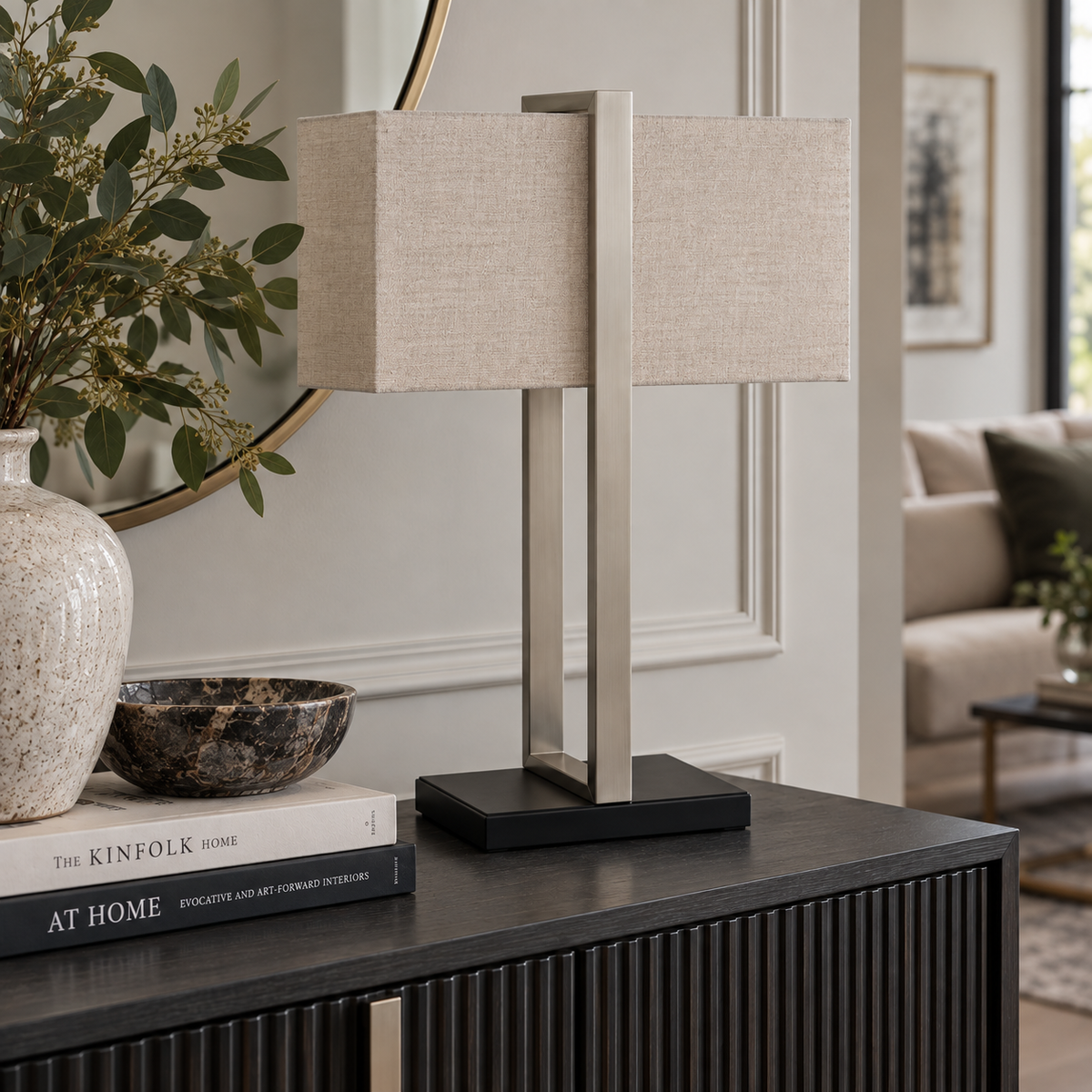 DUVAL TABLE LAMP – SATIN NICKEL & BLACK Curated by simply Hazel