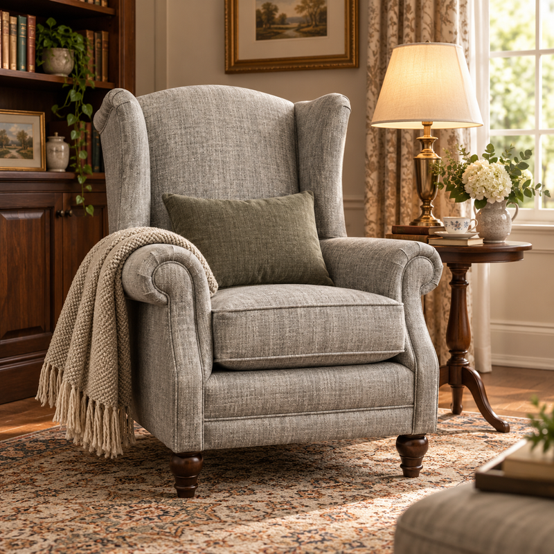 PRINCESS MAYA CUSTOM WINGBACK ARMCHAIR – GREY by simply Hazel  | Handmade and Upholstered in Ireland