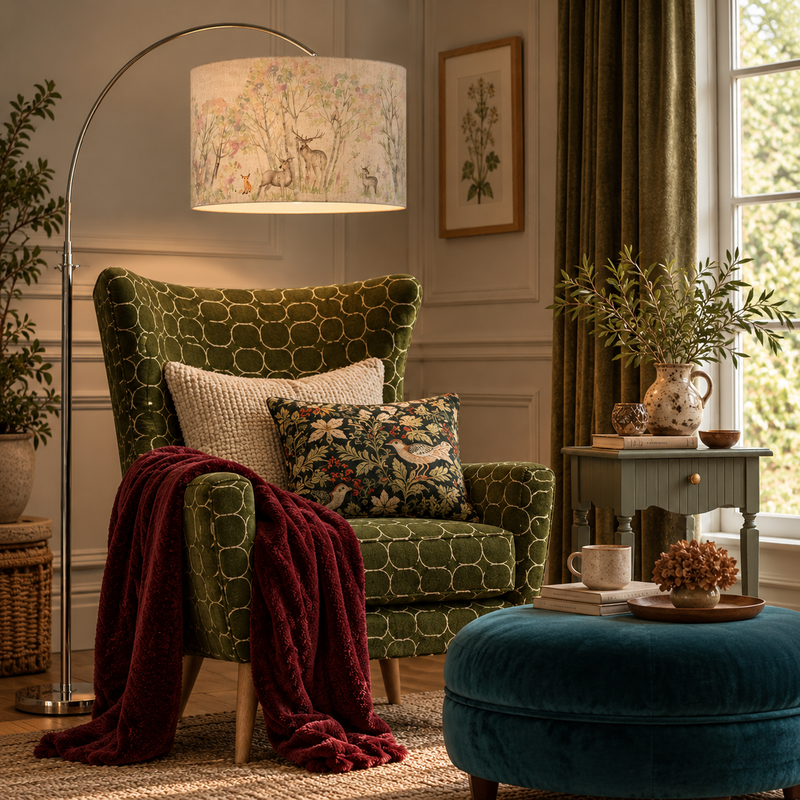 HUBERT NICKEL ARC FLOOR LAMP WITH 50CM ENCHANTED FOREST EVA SHADE – FOREST  | Fifty Five South & Voyage Maison