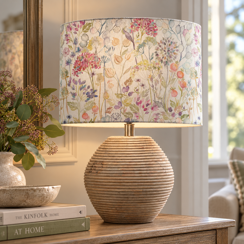 CERYS TABLE LAMP WITH HEDGEROW LINEN PRINT SHADE – WHITE SAND, 40CM  | Voyage Maison