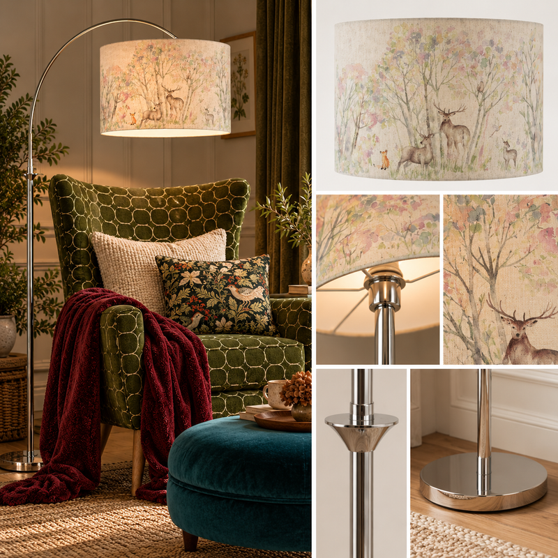 HUBERT NICKEL ARC FLOOR LAMP WITH 50CM ENCHANTED FOREST EVA SHADE – FOREST  | Fifty Five South & Voyage Maison