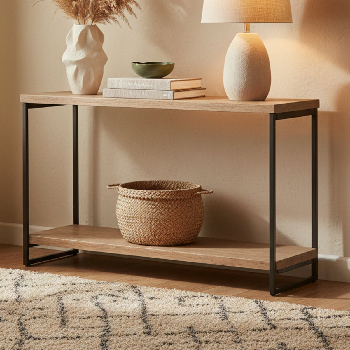 Industrial style two-tier side table with light brown wood grain shelves and a black metal frame, shown against a plain white background.