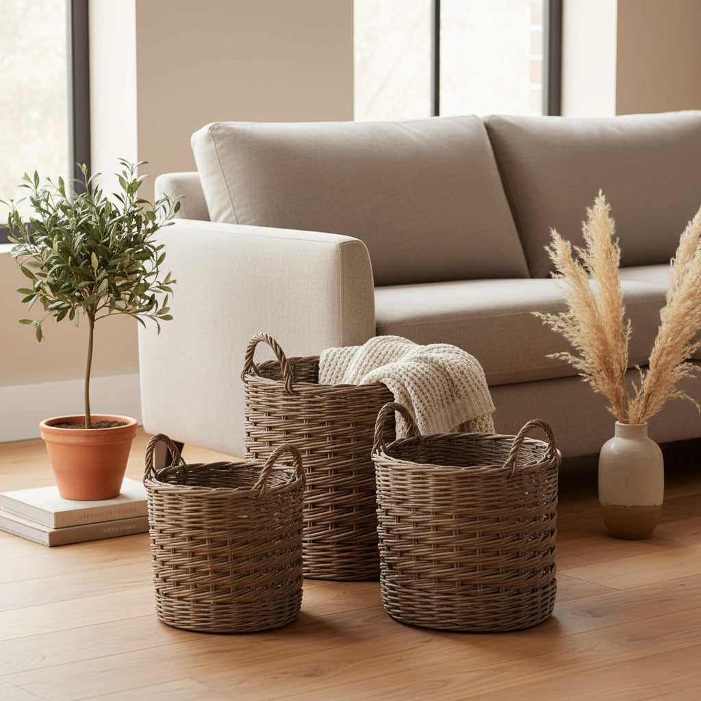 Three woven baskets with handles on a concrete floor, one containing a potted plant.