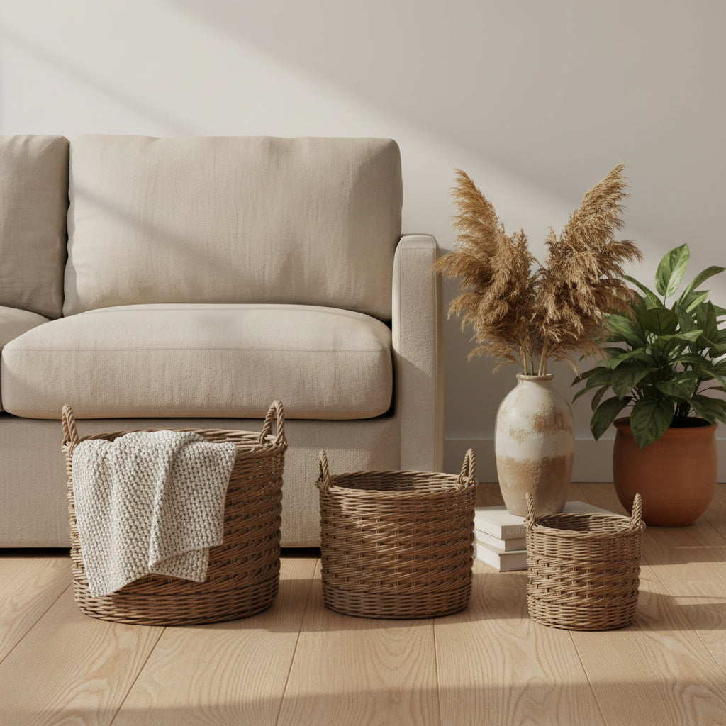 Three woven baskets of different sizes on a white background
