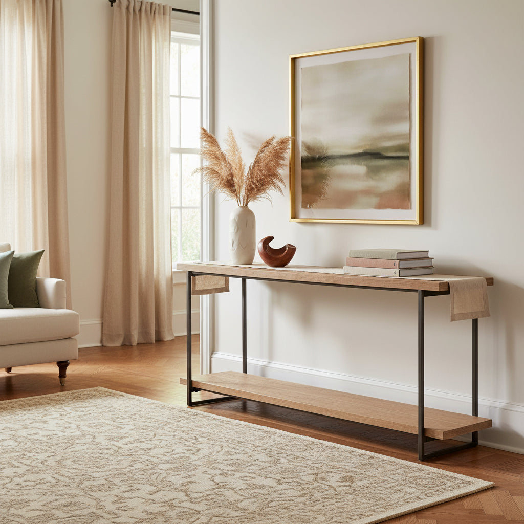 A modern console table featuring a light oak wood top and lower shelf supported by a dark metal frame, shown against a plain white background.