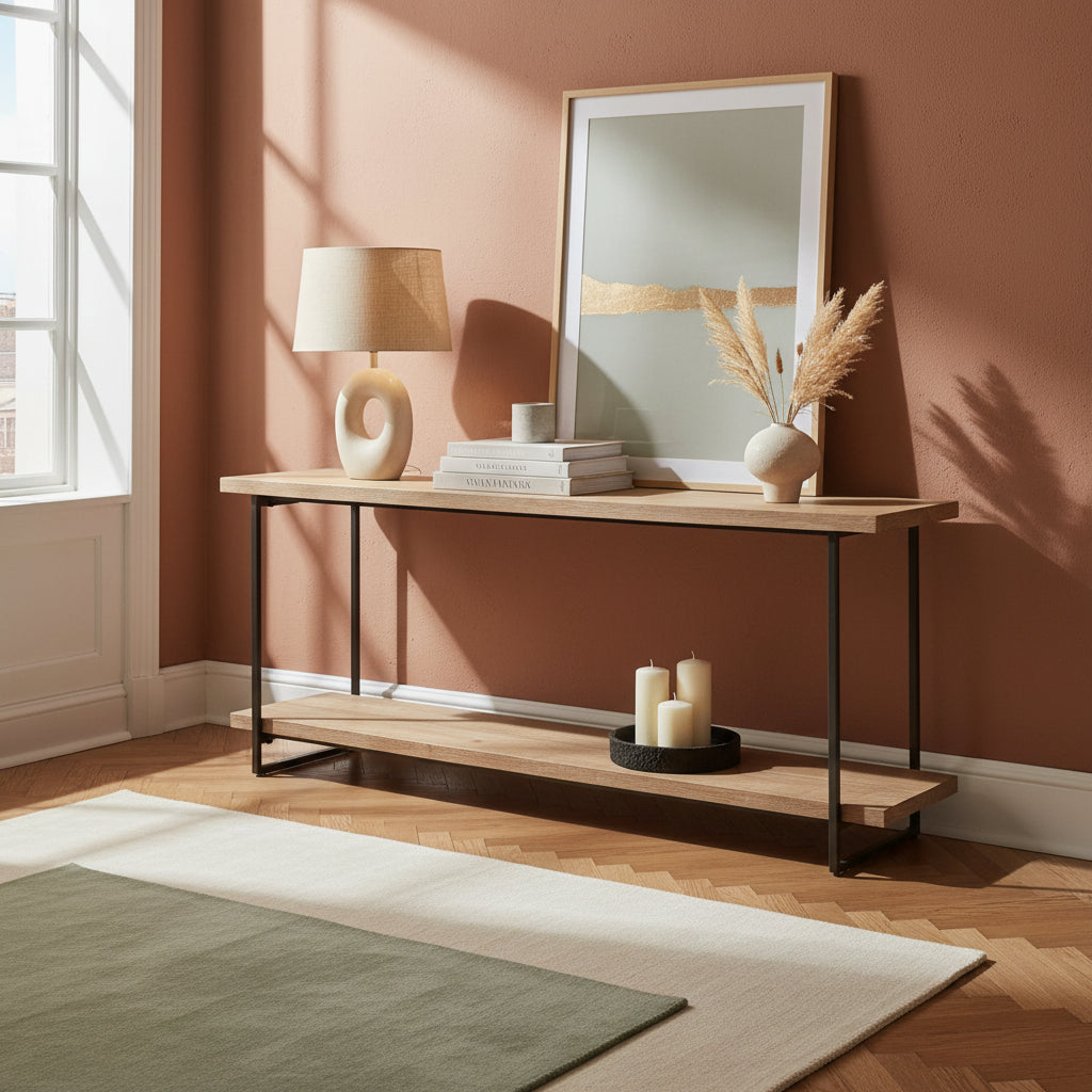 A two-tier console table featuring light brown wood shelves supported by a black metal frame, shown against a plain white background.