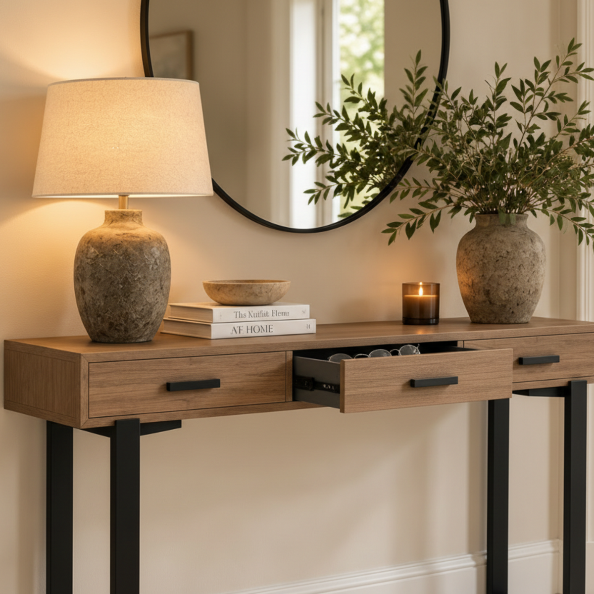 A modern console table with a light oak wood top, three drawers, and black metal legs, styled in a warm, neutral-toned entryway with a lamp, books, a mirror, and potted plants.