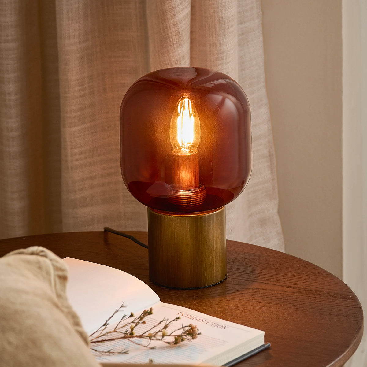 ELGIN TABLE LAMP (WIRED or RECHARGEABLE OPTIONS) – AMBER / AGED BRASS OR SMOKED GLASS / ESPRESSO BROWN | Yard