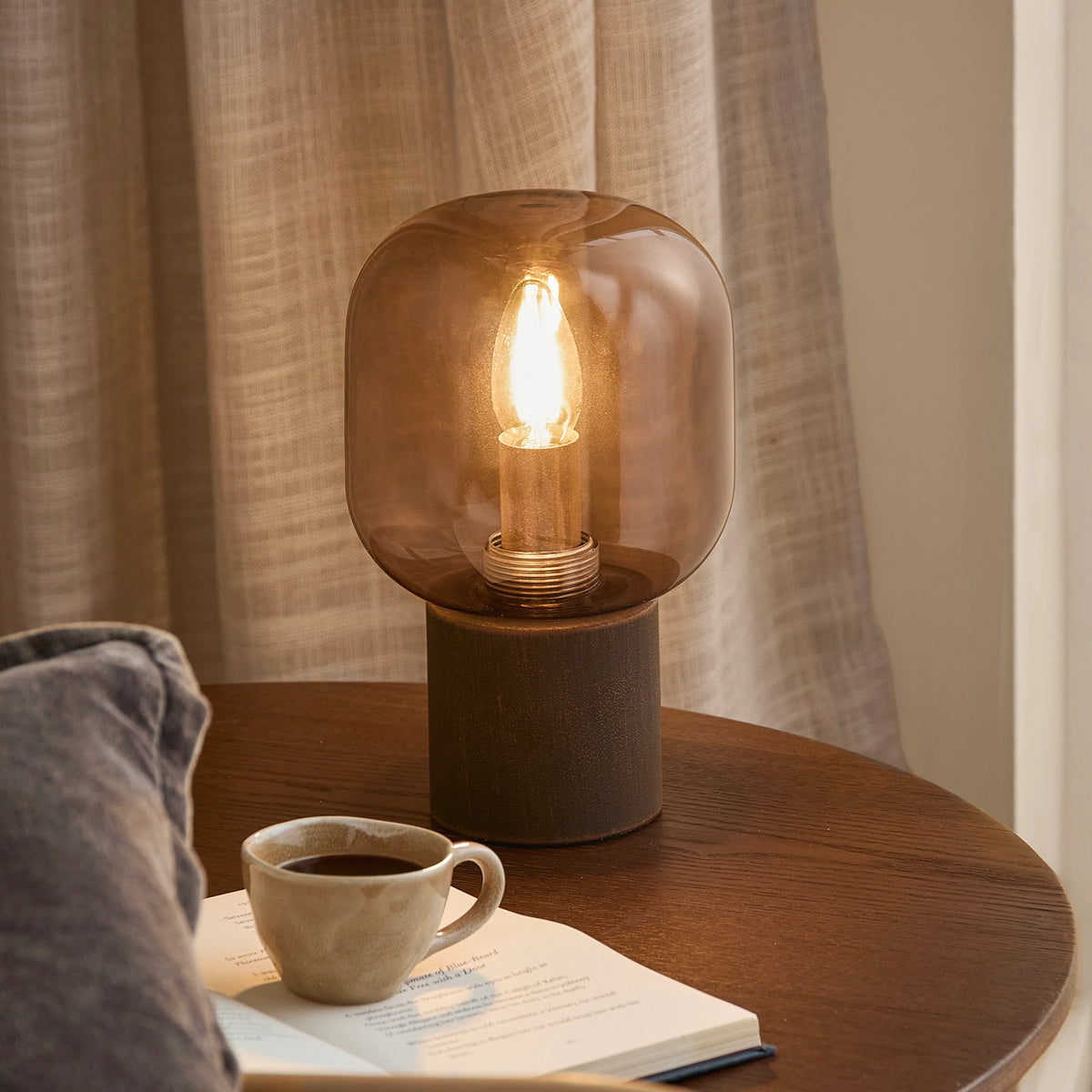 ELGIN TABLE LAMP (WIRED or RECHARGEABLE OPTIONS) – AMBER / AGED BRASS OR SMOKED GLASS / ESPRESSO BROWN | Yard