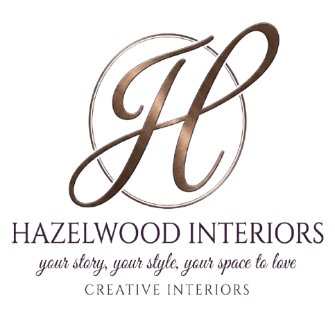 A textured green background with a large metallic copper-brown stylized 'H' monogram inside a thin circular outline. Below, the text reads 'HAZELWOOD INTERIORS' in dark purple, with the tagline 'your story, your style, your space to love' and 'CREATIVE INTERIORS' underneath.