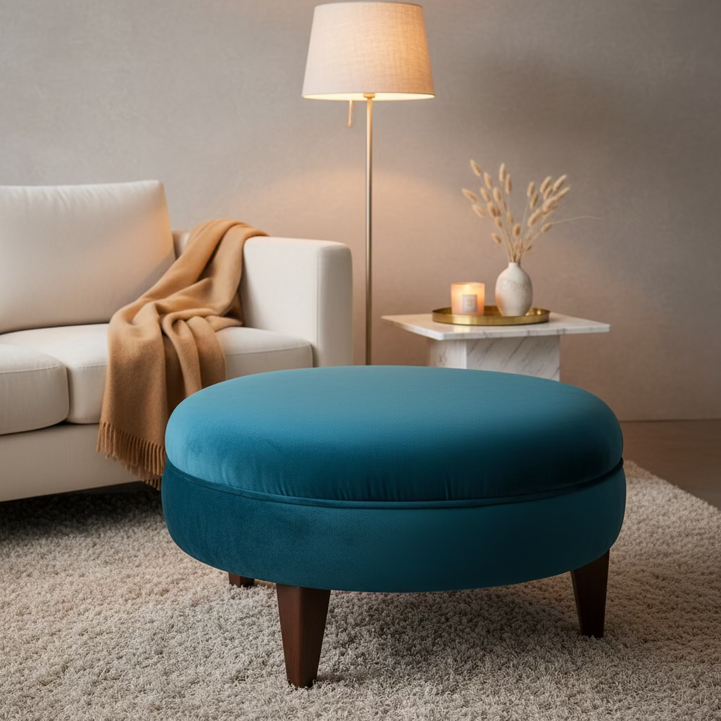 A round teal velvet ottoman with tapered dark wood legs, positioned in front of a white shelving unit filled with ILV boxes and fabric samples.