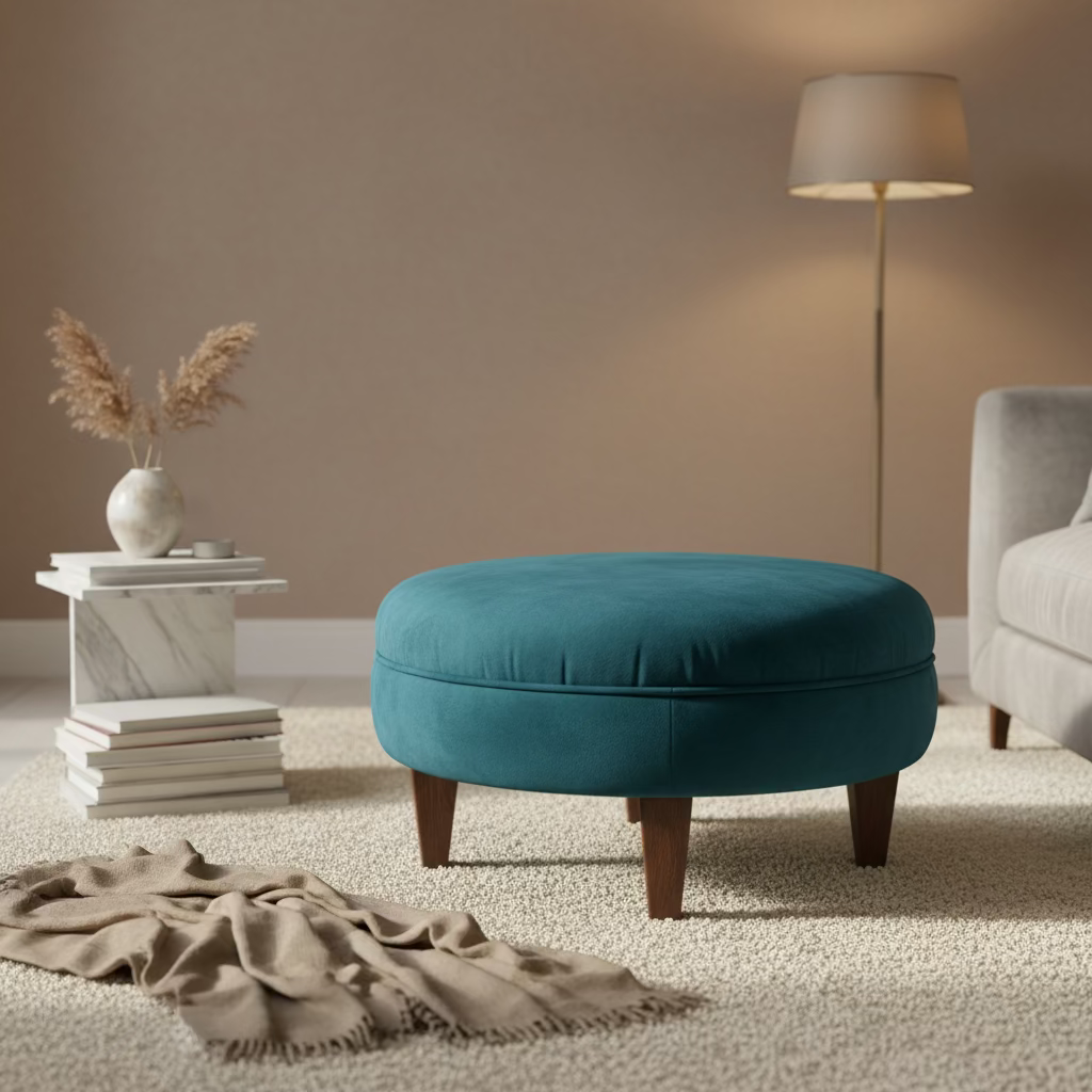 A round teal velvet ottoman with four wooden legs, positioned in a furniture showroom with shelves and fabric swatches in the background.