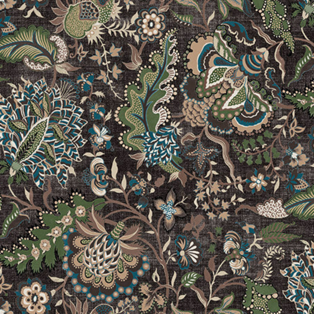 Patterned fabric with green and brown colors on a black background