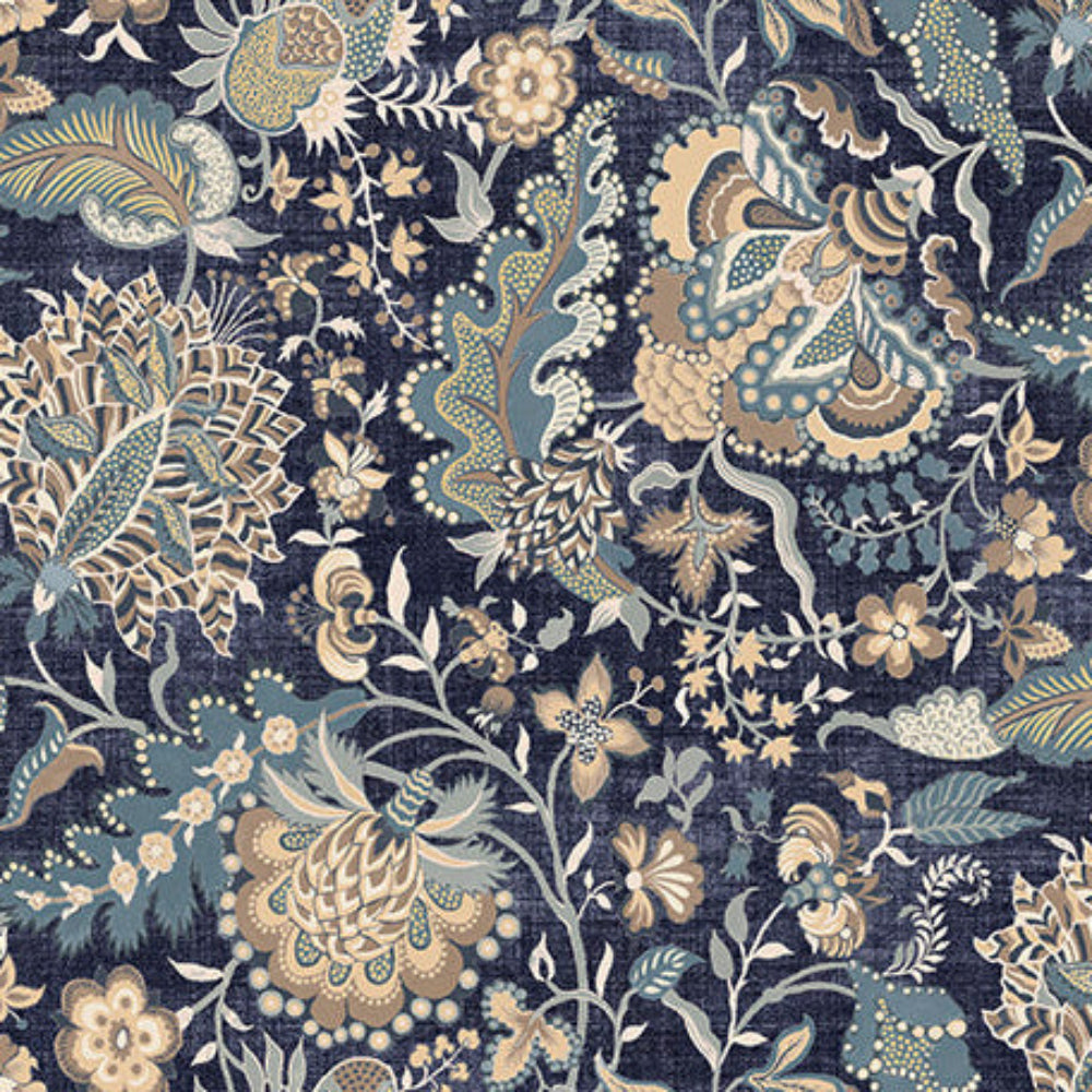 Patterned fabric with floral and paisley designs on a dark blue background