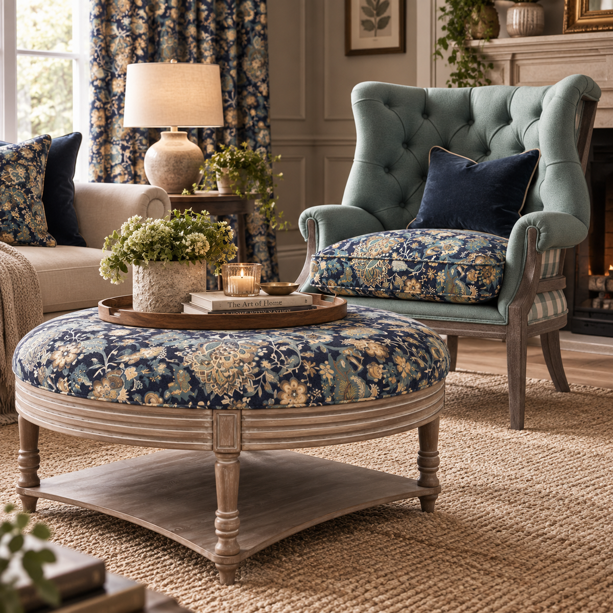 A styled living room scene featuring a round ottoman with a navy blue and beige floral patterned cushion, a tufted teal wingback armchair with matching floral cushion, and a matching floral throw pillow, set on a woven jute rug.