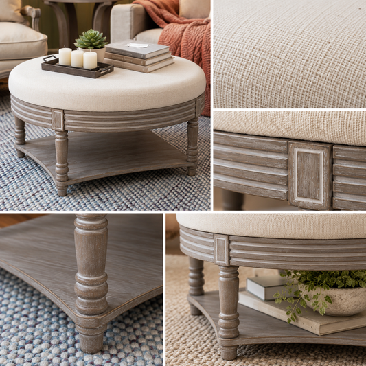 A collage showing a round upholstered ottoman/coffee table in a styled interior. The product has a light beige textured fabric top and a weathered gray wood frame with a lower shelf.