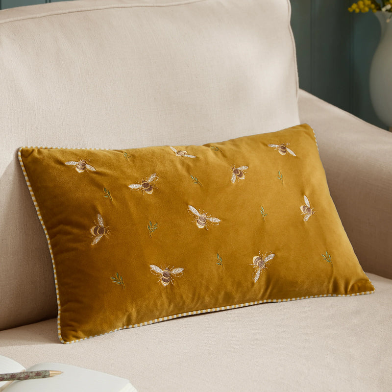 RAMBLE BEES EMBROIDERED VELVET CUSHION by Wylder