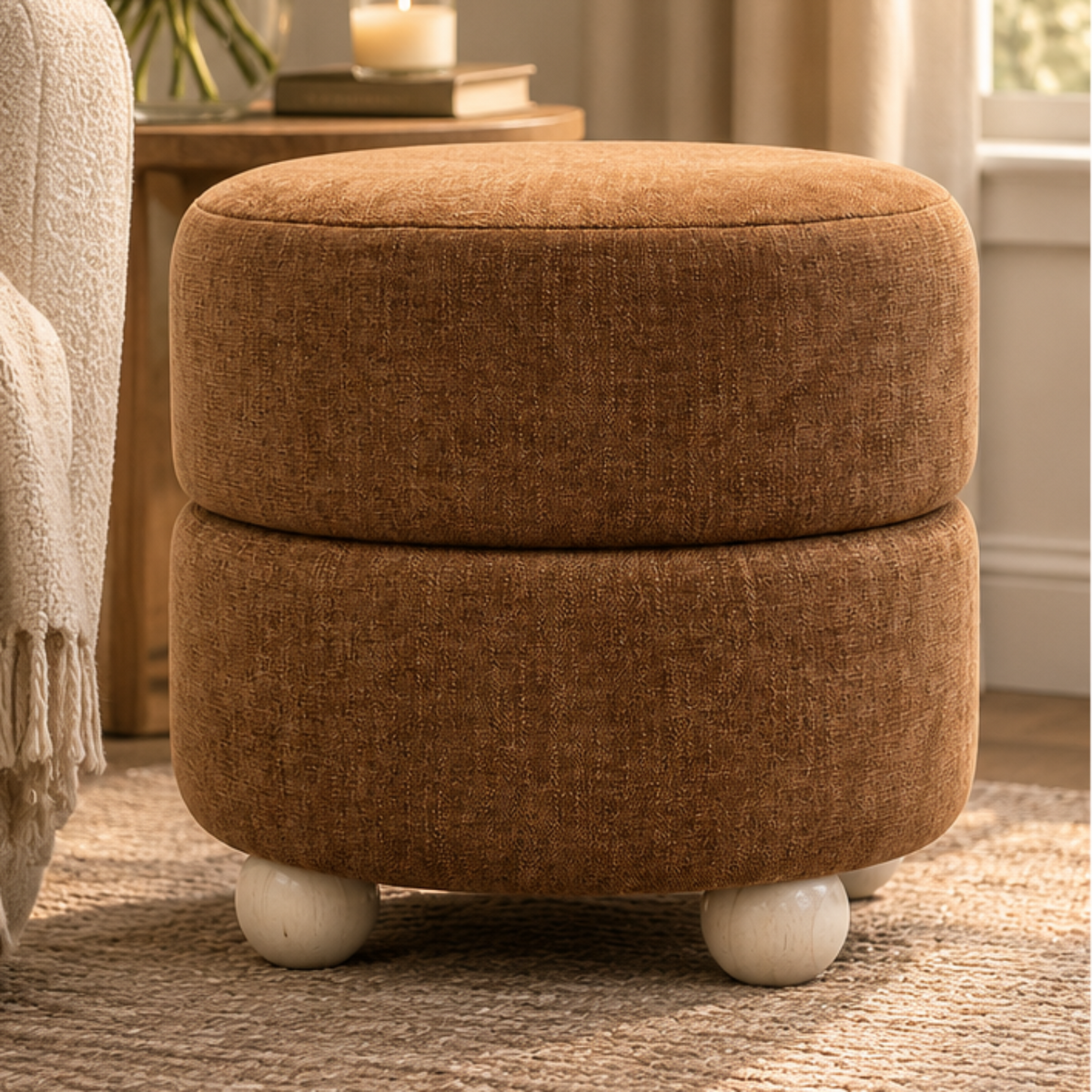 A round upholstered ottoman with two stacked cushioned tiers in a warm rust-brown fabric, shown in a styled living room setting on the left and isolated on a white background on the right.