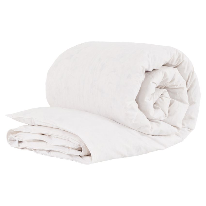A folded and rolled white quilt or comforter with a matching pillow, shown on a plain white background.