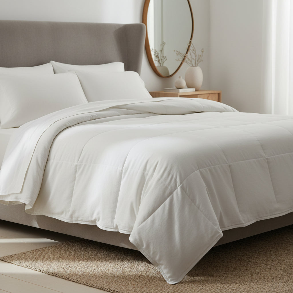A neatly made bed with white or off-white bedding, including a quilted comforter and two pillows, set against a gray upholstered headboard in a softly lit bedroom.