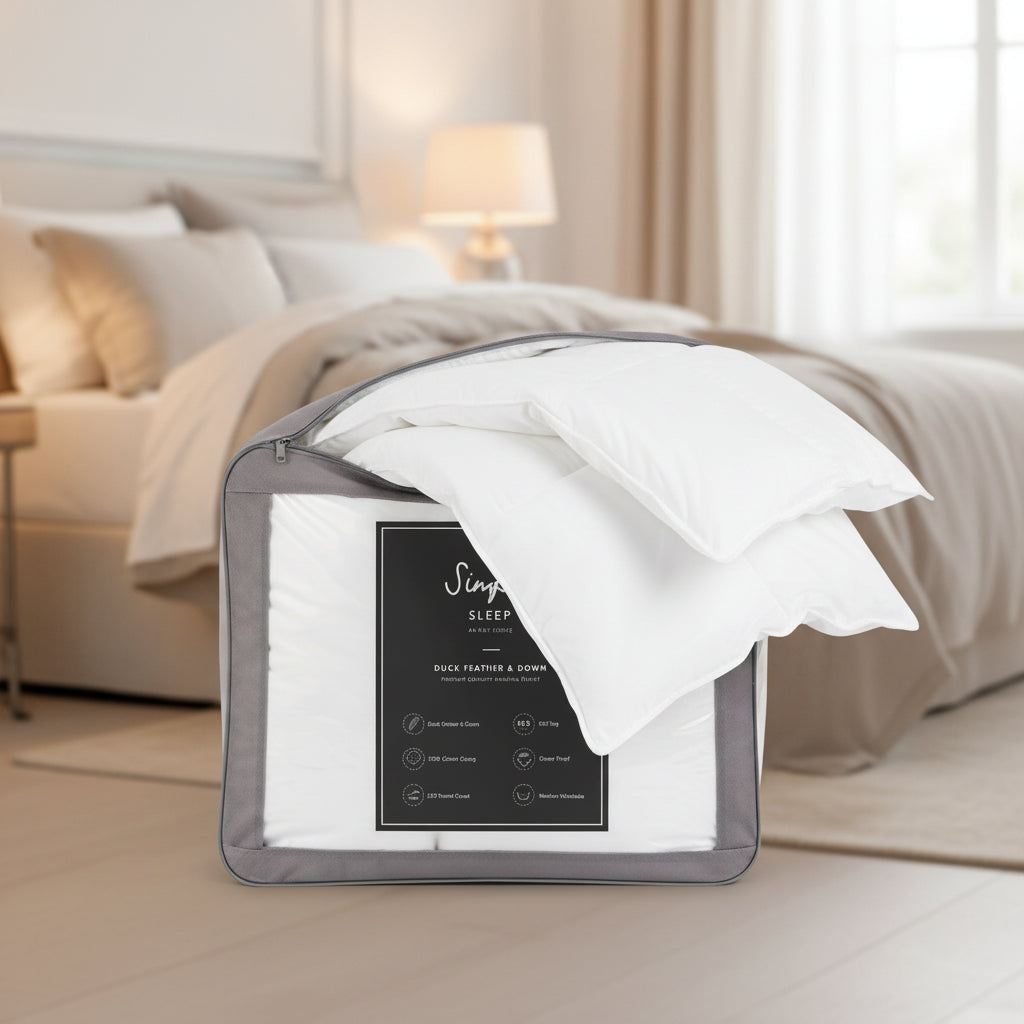 A gray zippered carrying case with a top handle, shown closed with a black front label that reads 'Simply Sleep' and 'Duck Feather & Down'. The case is photographed on a clean white background.