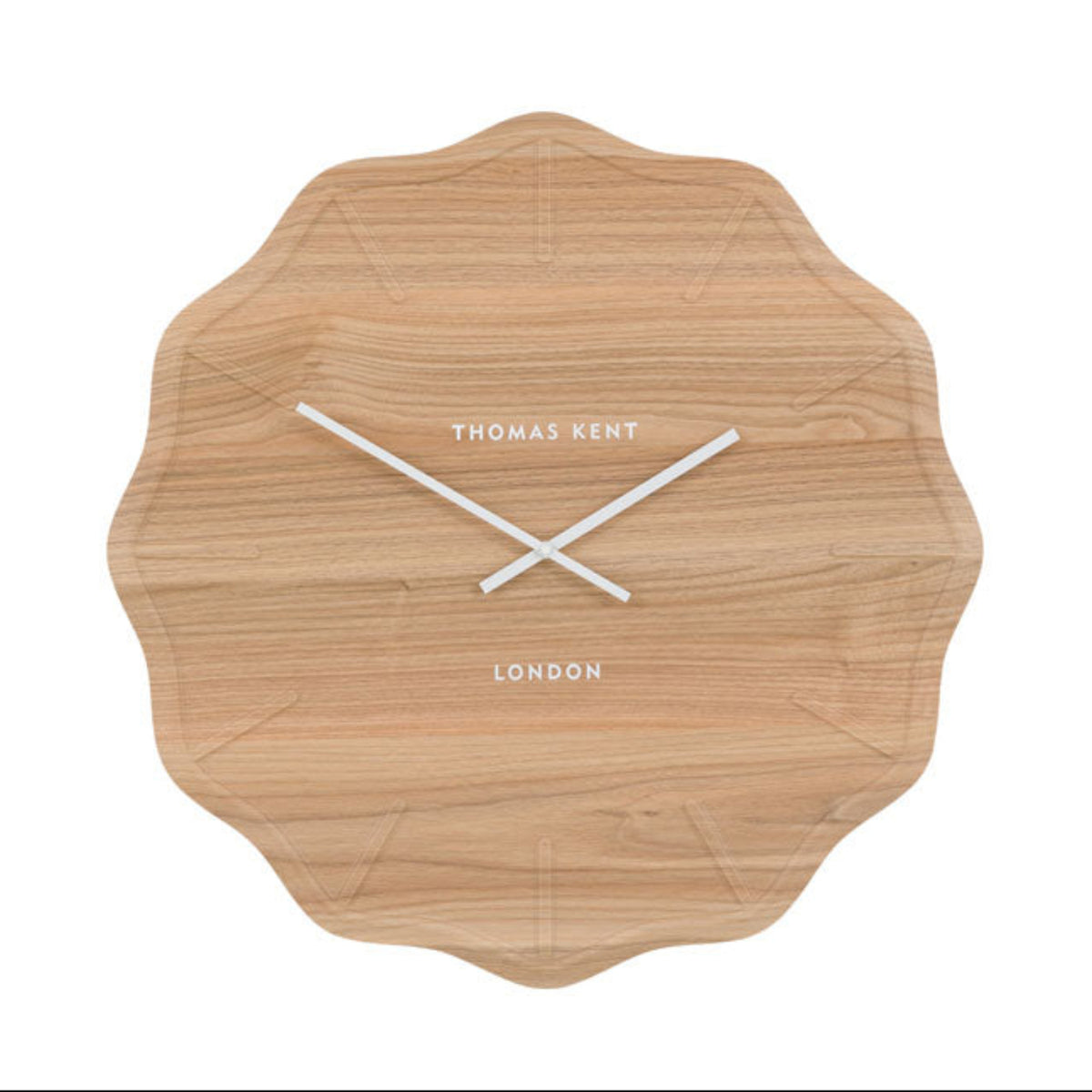 Wooden wall clock with 'Thomas Kent' branding on a white background