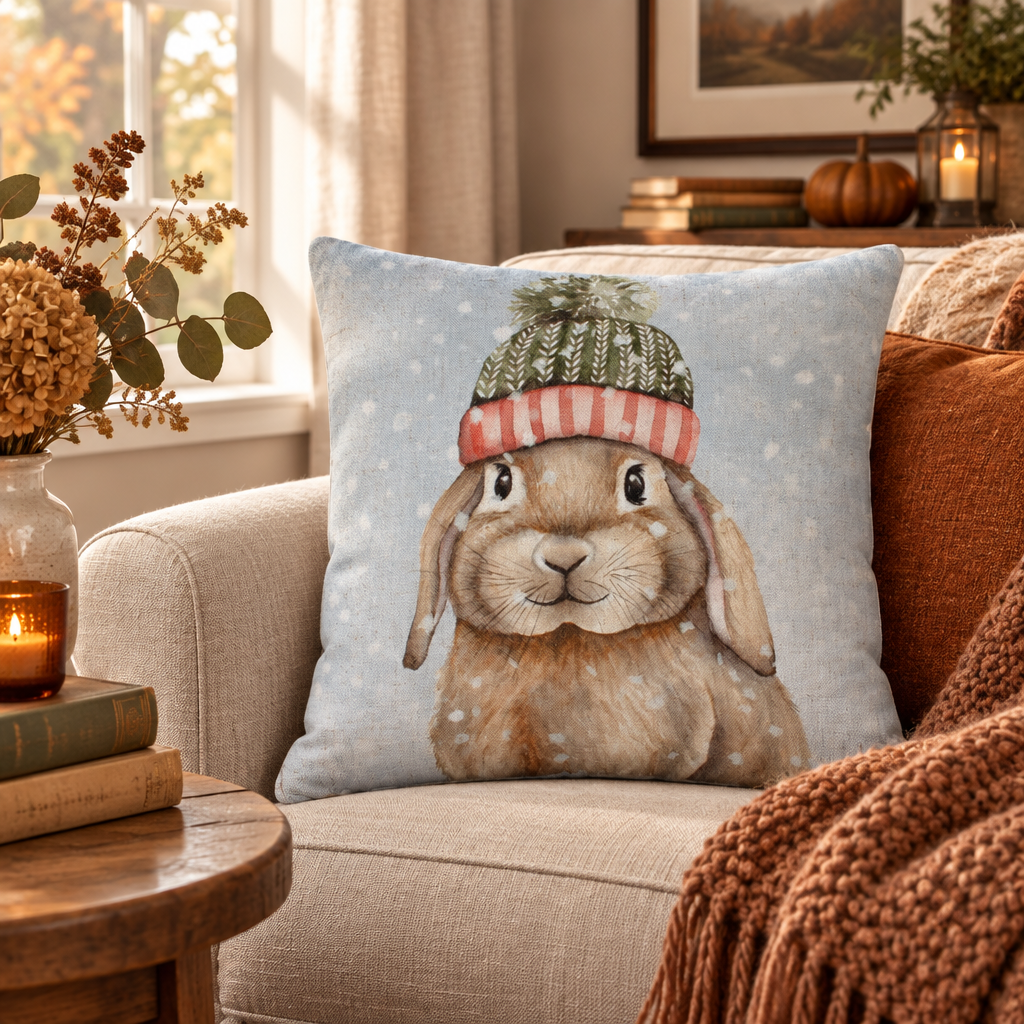 Square decorative throw pillow featuring a watercolor-style illustration of a brown rabbit wearing a green and pink knit winter hat with a pom-pom, set against a light blue snowy background.