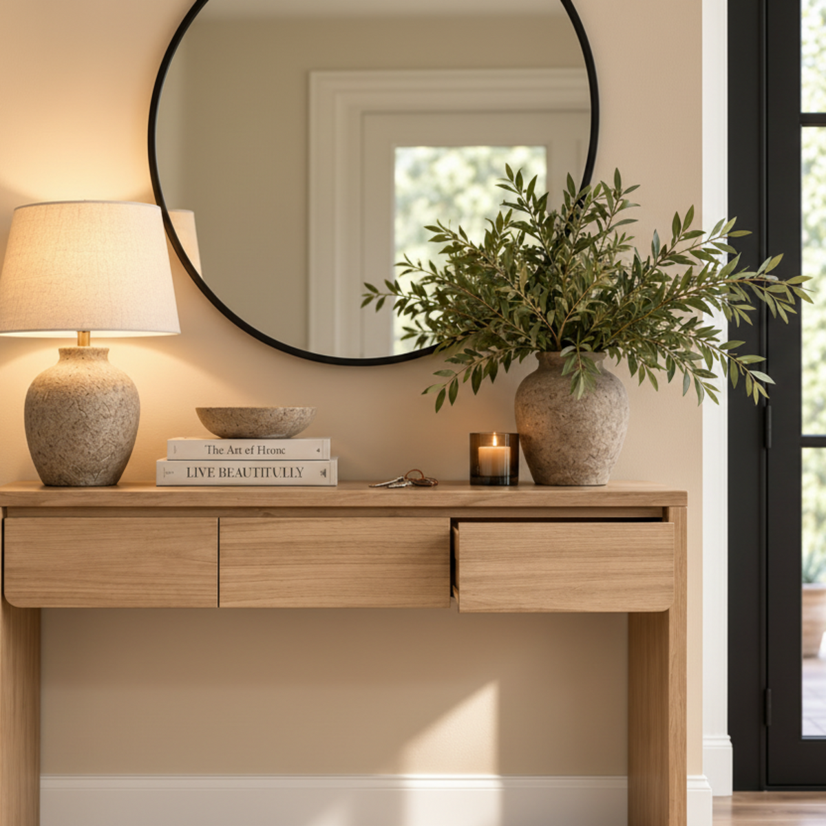 A light oak wood console table styled in a warm entryway, featuring three drawers, a matching floor lamp, a large round mirror, and potted green plants.