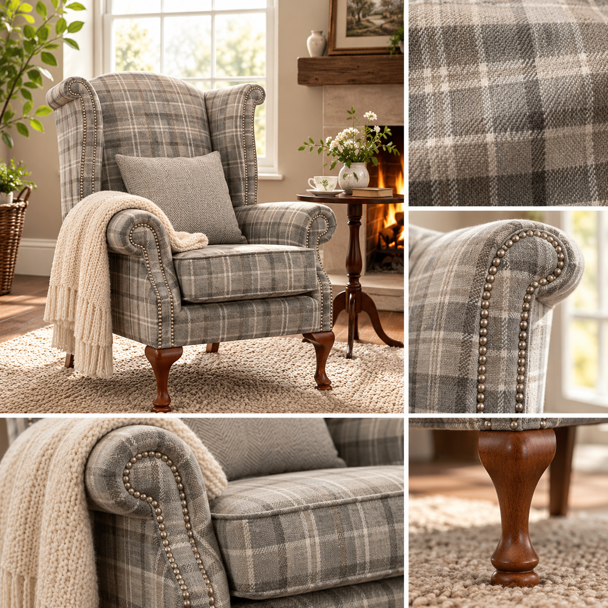 QUEEN ANNE CHAIR – GREY CHECK  simply HAZEL | Manufactured & Upholstered in Ireland