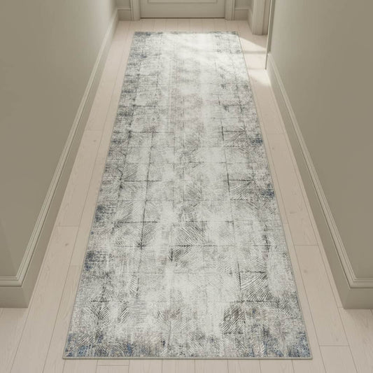 Calvin Klein (Nourison & Home) Designer Rugs 229 cm x 66 cm (7’6” x 2’2”) - Runner / Ivory and Grey geometric tile CALVIN KLEIN INFINITY AREA RUG  by Nourison