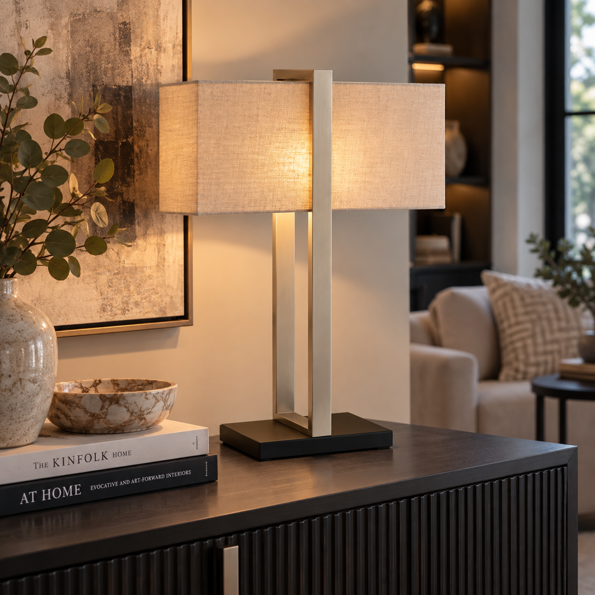 DUVAL TABLE LAMP – SATIN NICKEL & BLACK Curated by simply Hazel